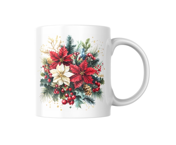 Weihnachtstasse mit festlichem Design aus Stechpalme, Weihnachtsstern, Tannenzapfen und winterlichen Zweigen. Perfekt für die Weihnachtszeit und als Geschenk für Liebhaber weihnachtlicher Dekoration.